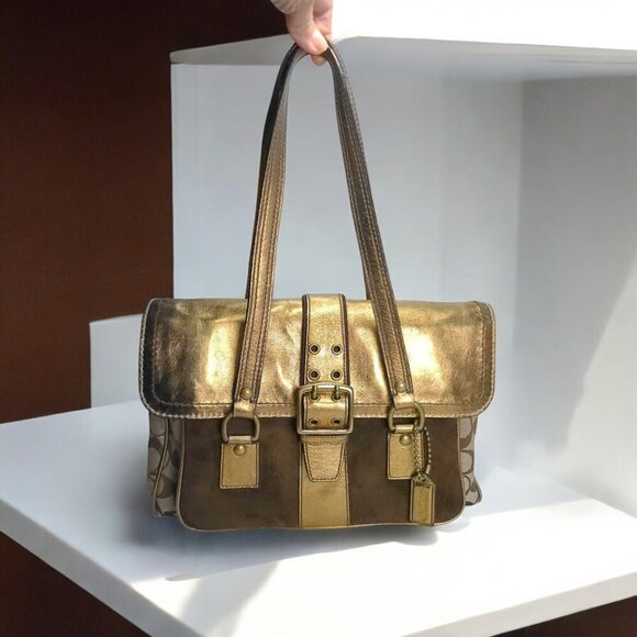 Vintage COACH Gold Metallic Signature Shoulder bag/ Satchel - Picture 2 of 16